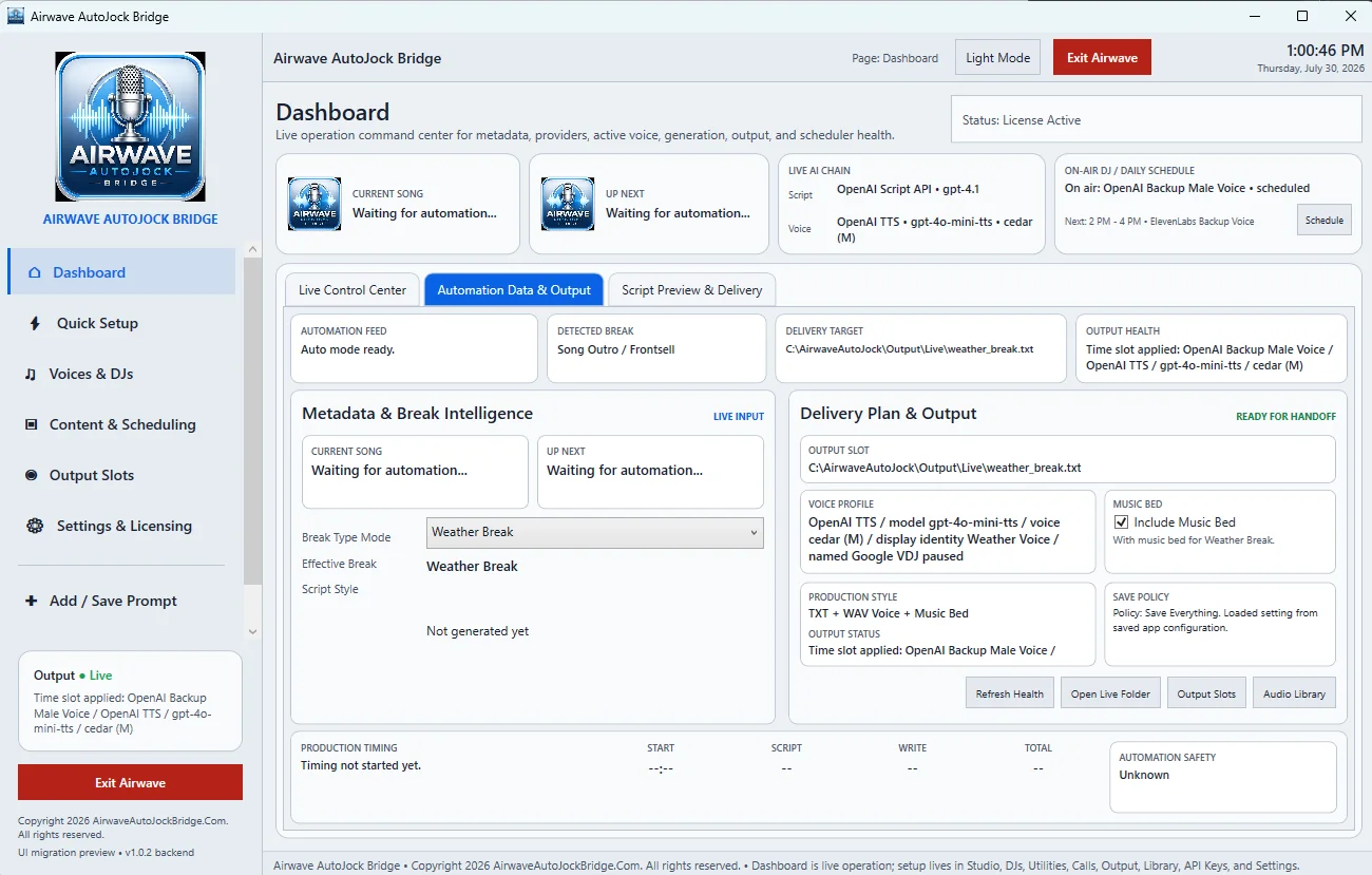Dashboard Automation Data and Output tab
