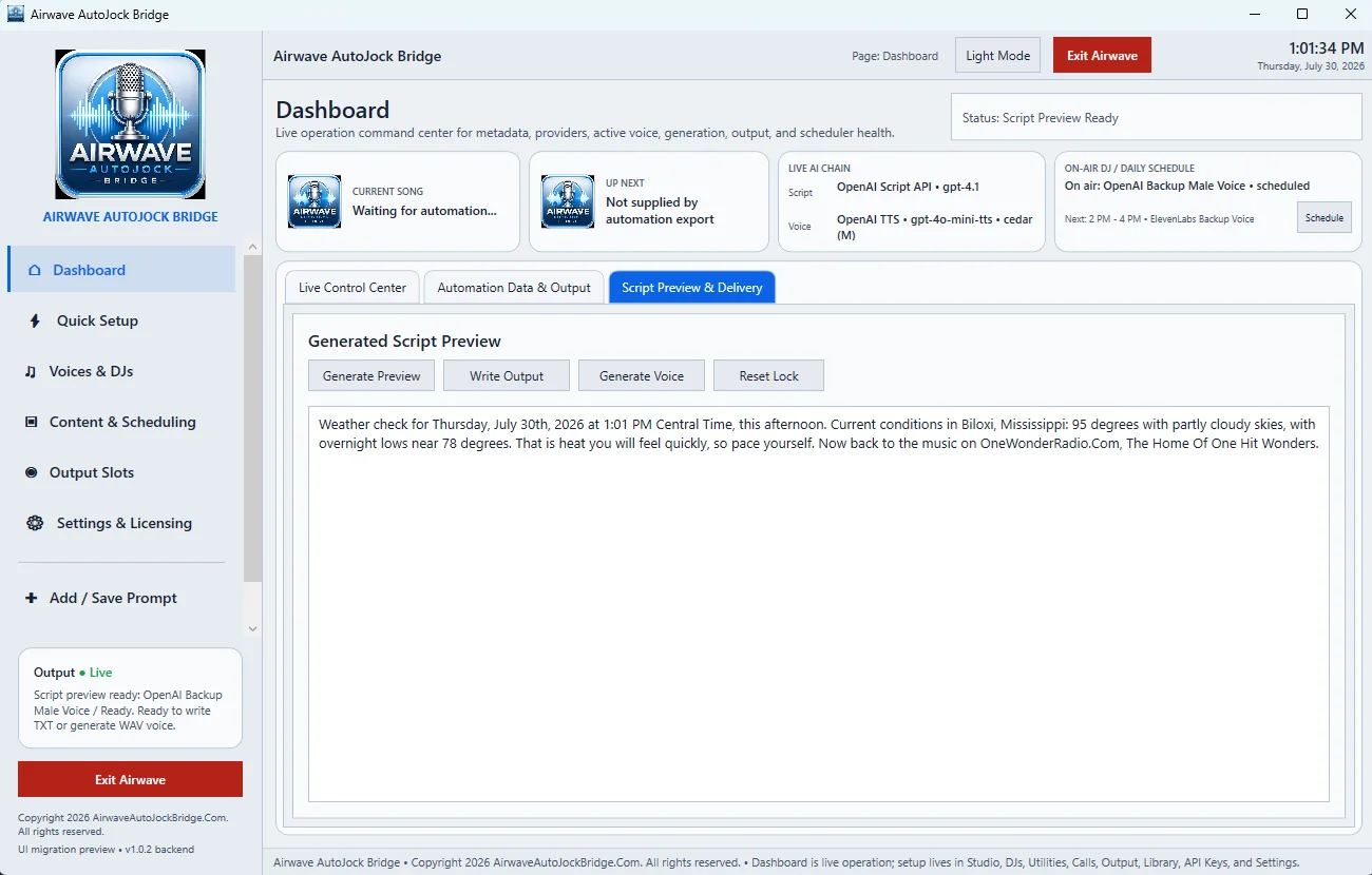 Dashboard Script Preview and Delivery tab displaying a generated weather script