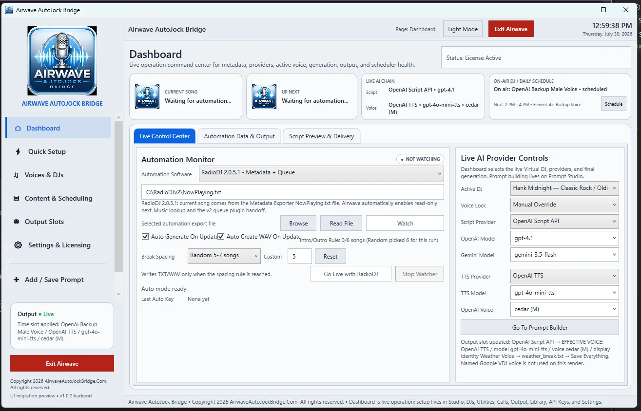 Airwave Dashboard Live Control Center tab
