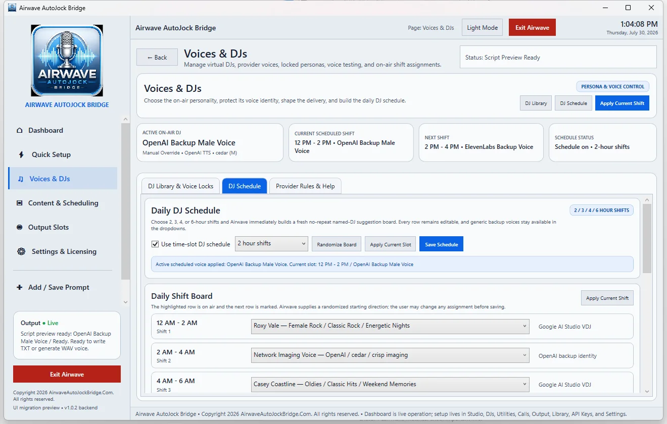 Airwave Voices and DJs provider-rules view