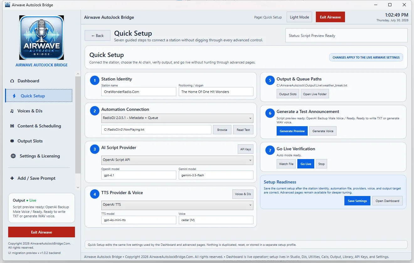 Airwave Quick Setup page with seven numbered configuration areas