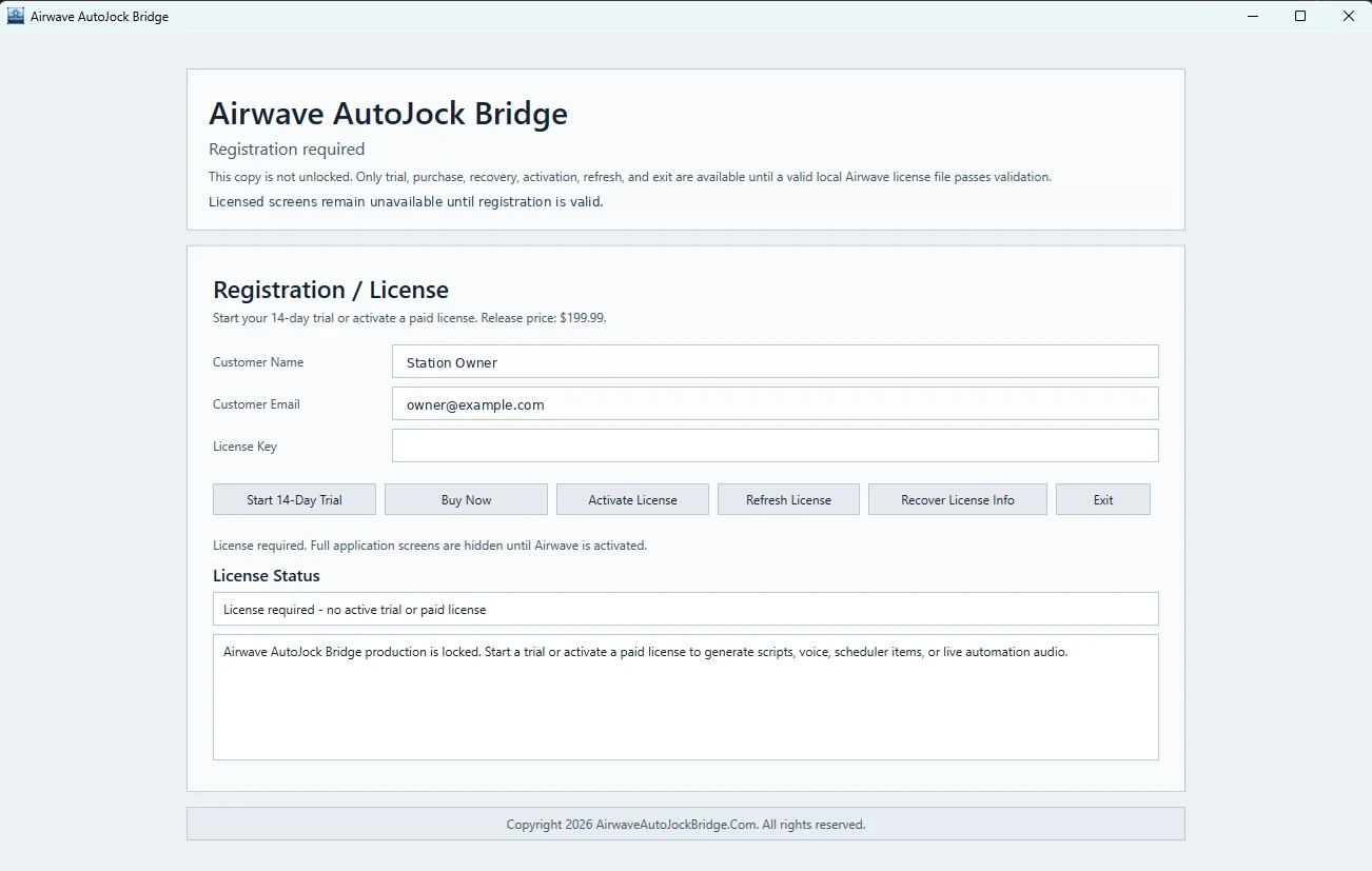 Airwave Registration and License screen shown when the application first opens without a valid license