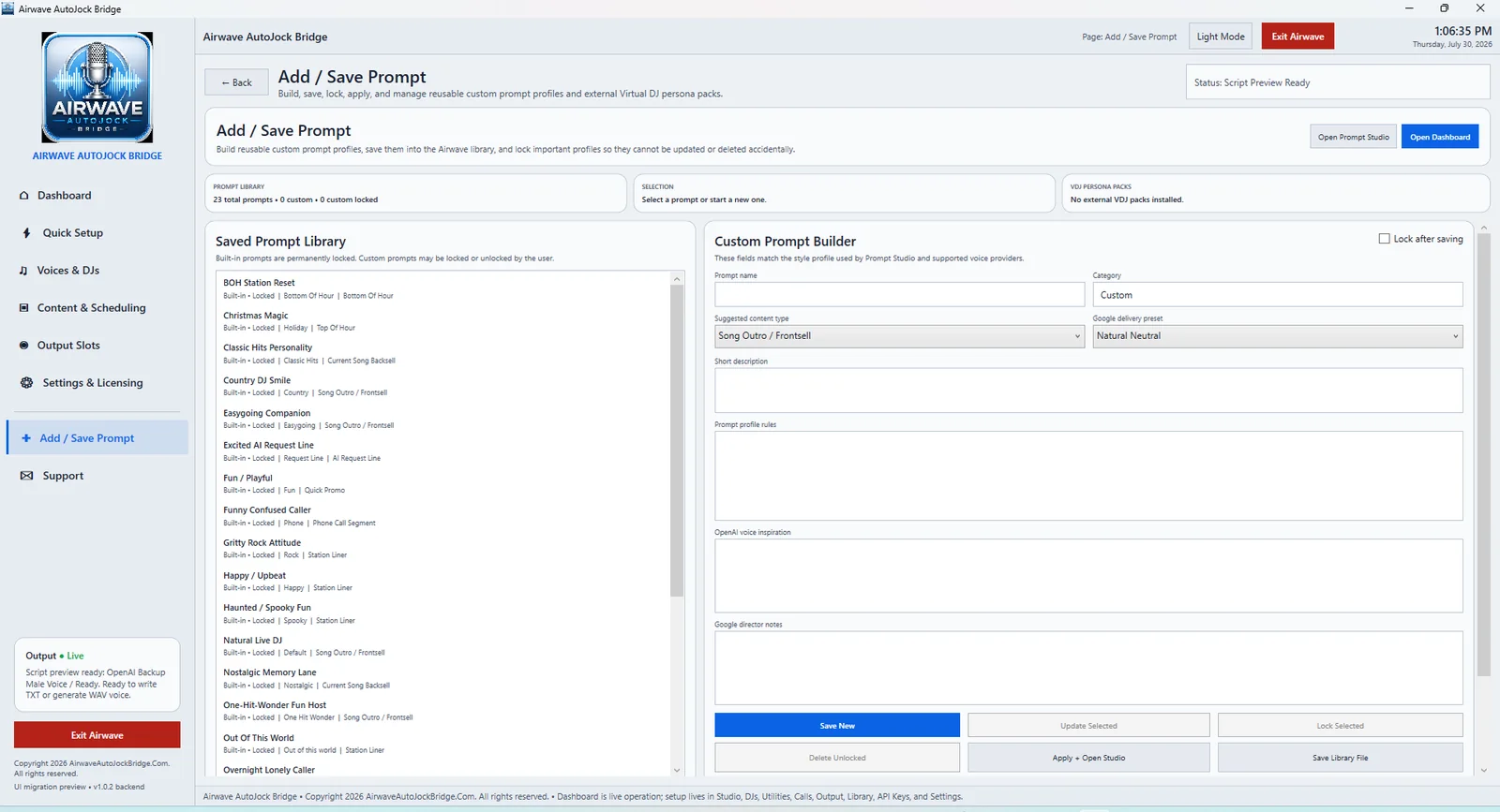 Airwave Add and Save Prompt page with built-in prompt library and custom prompt builder