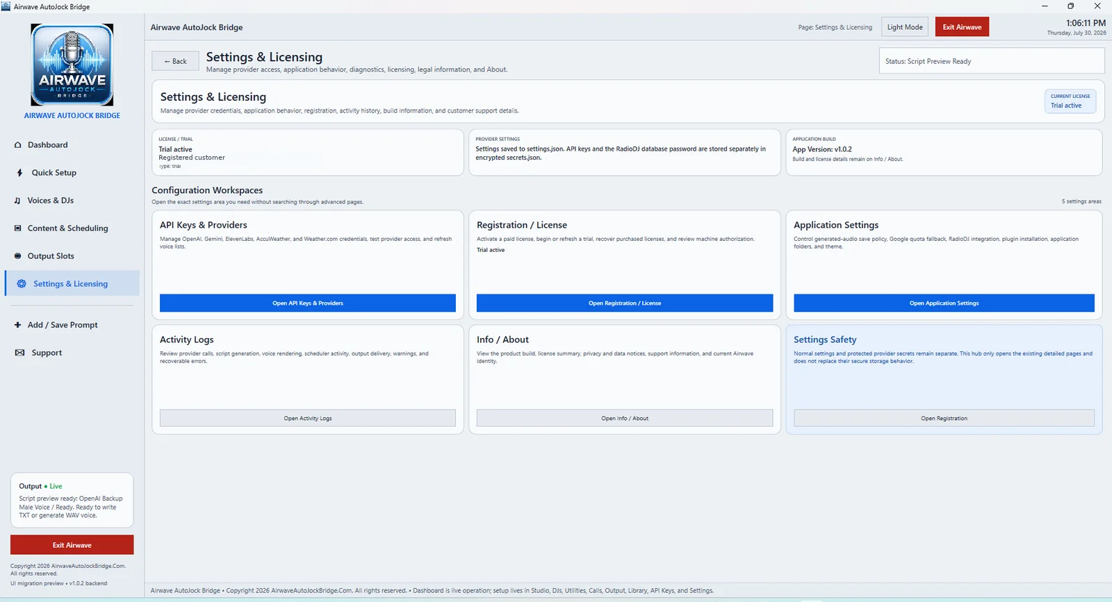 Airwave Settings and Licensing hub with five configuration workspaces