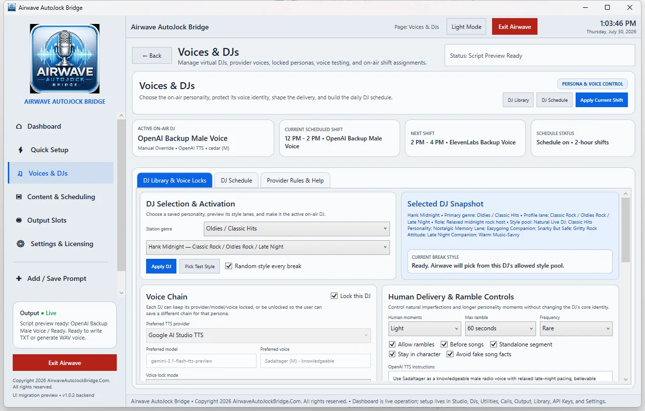 Airwave Voices and DJs page showing DJ selection, voice chain, and human delivery controls